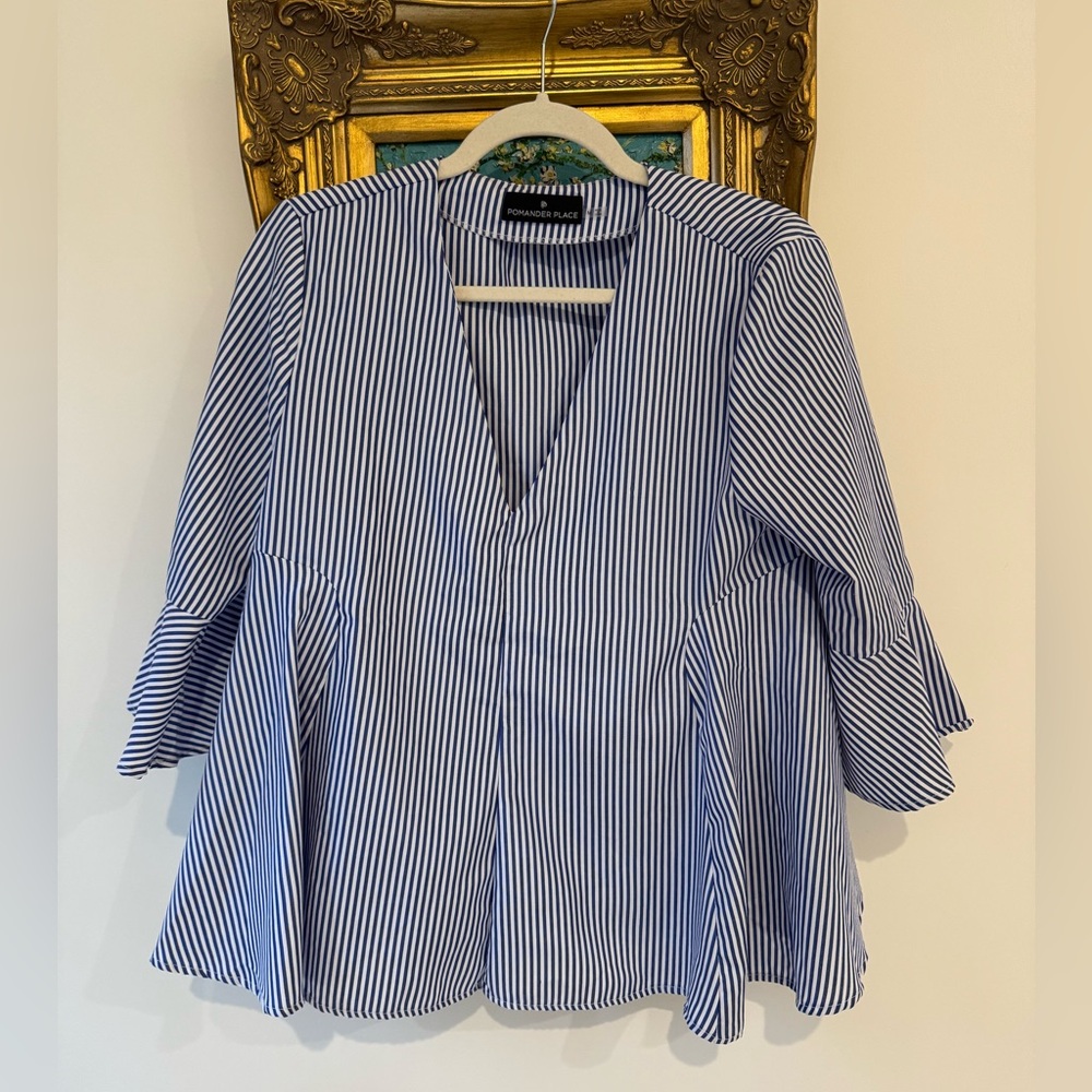 Pomander Place Blue and White Striped V-Neck Blouse